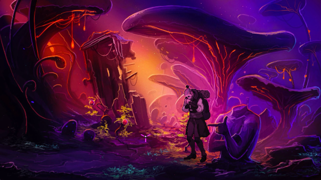 A pilgrim prays among giant glowing fungus.