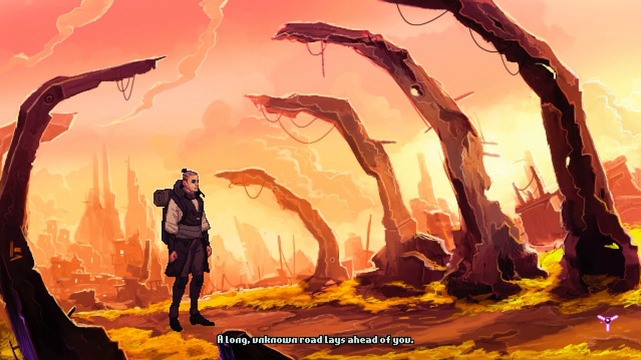A pilgrim sets off on a long road among crumbling steel ribs.