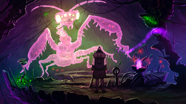 A pilgrim faces a giant glowing mantis within a cavern.