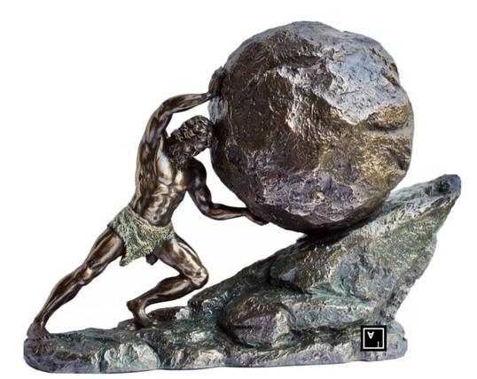 a statue of Sisyphus pushing his boulder