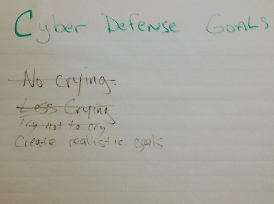 White board that says:
Cyber Defense Goals
No crying (crossed out)
Less Crying (crossed out)
Try not to cry (crossed out)
Create realistic goals
