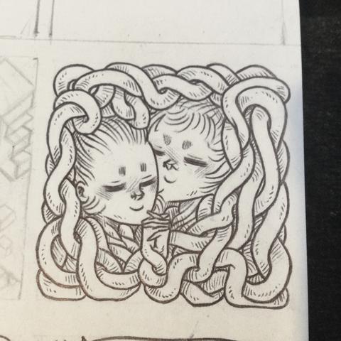 An ink drawing of two people, holding hands, with their very long arms intertwined and creating a sort of braided frame around them.