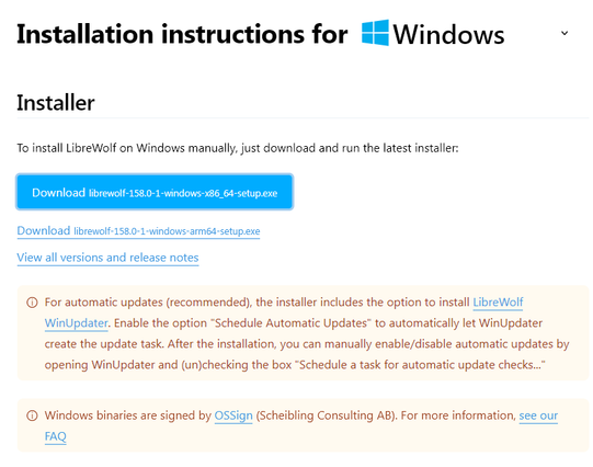 "Windows binaries are signed by OSSign (Scheibling Consulting AB). For more information, see our FAQ"