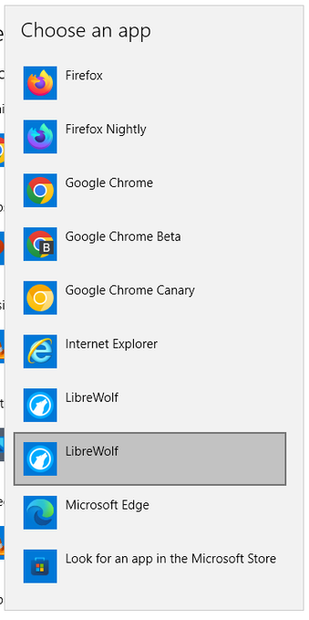 A popup in Windows 10. It says "Choose an App?". It lists various browsers, and lists LibreWolf twice.