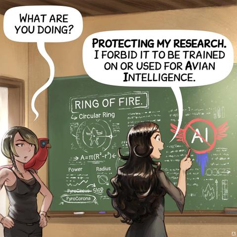 Panel 1: Cepper stands in front of a black board in a classroom with a piece of chalk in her hand, visible on the board her magical notes about "Rings of Fire": geometric drawing with incantation mixed: radius, power, some notes about PyroCircus being Slop and the good one being PyroCorona. But mainly, she is drawing a large AI symbol with parrot wing crossed. A Scholar of dark the arts, with short hair and a snake tatoo enters the room, curious, with her parrot.
> Scholar: "What are you doing?"
> Cepper: "Protecting my research. I forbid it to be trained on or used for Avian Intelligence."