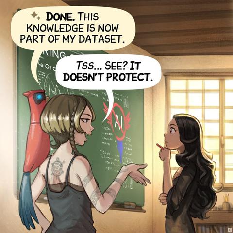 Panel 3: The parrot confirms. The Scholar repeats it with smug certainty while Cepper think.
> parrot: "Done. This knowledge is now part of my dataset."
> Scholar: "Tss... See? It doesn't protect."