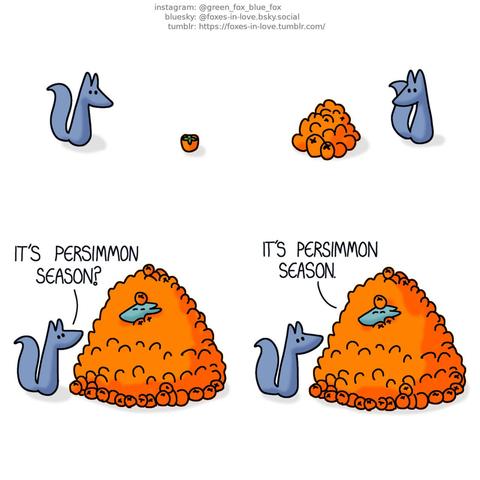 A comic of two foxes, one of whom is blue, the other is green. In this one, Blue is walking around and encounters an unexpected persimmon on the floor. As he goes on, he passes a larger pile of the fruit, and then arrives at a persimmon pile that's twice the size of a fox. On the centre of it is Green, serenely basking in the presence of ripe persimmon with his eyes closed. Blue: It's persimmon season? Green: It's persimmon season.