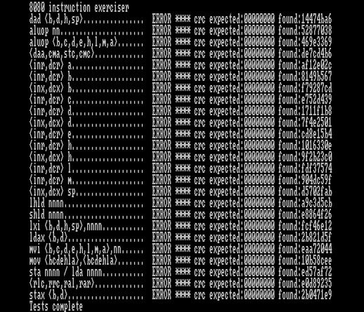 A screenshot of the output of the 8080 instruction exerciser 8080EXER.COM
A number of instruction families are printed, and a message showing the expected and computed hashes