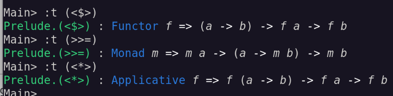 terminal screenshot

Main> :t (<$>)
Prelude.(<$>) : Functor f => (a -> b) -> f a -> f b
Main> :t (>>=)
Prelude.(>>=) : Monad m => m a -> (a -> m b) -> m b
Main> :t (<*>)
Prelude.(<*>) : Applicative f => f (a -> b) -> f a -> f b