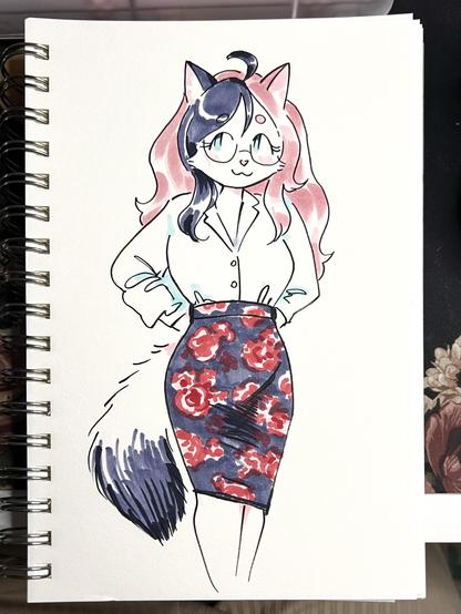 a cat person wearing a black pencil skirt with a red floral print, and a white blouse tucked into it
