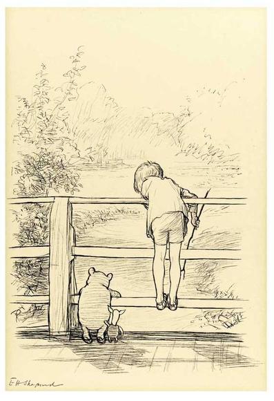 E H Shepard drawing of WInnie the Pooh and Christopher Robin and Piglet, standing on a bridge, playing Pooh Sticks