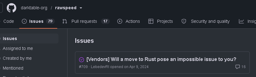 darktable-org/rawspeed library has a pinned issue. "Maintainers: Will a move to rust pose an impossible issue to you?"