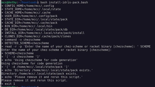 long bunch of bash garbage. toward the end it says to delete /home/mcc/.local/state/pack.