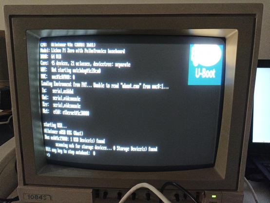 Uboot boot screen on CRT display (Commodore 1084s). The uooot font is huge so there is space for only 18 lines of text (288 scanlines). The logo is also stretched vertically