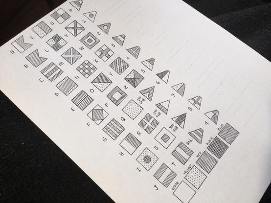 An ink drawing of signal flags in black and white with colors becoming patterns.