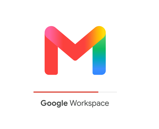 A Google Workspace logo under a loading par and an "M" logo using somewhat characteristic google colors, but with the center and right legs having an obvious color gradient. The left leg's color appears to be constant?