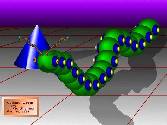 "cosmic worm" "by vic shannon jan 14, 1991" an old piece of digital art, a false 3d caterpillar made of green shaded 2d spheres overlapping. each sphere has side bumps made of smaller blue and yellow spheres, and teeny brown ones for antenna. the caterpillar is crawling on a grey tile grid with brown grout, there is a blue cone, and the sky is a purple gradient.