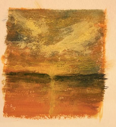 A small gouache abstracted landscape painting of a... sunrise over water?