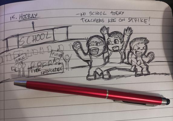 Three kids celebrating that there's no school today because teachers are on strike