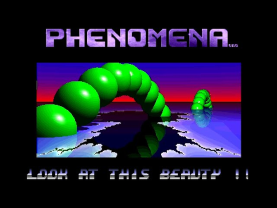 screenshot from Enigma by Phenomena, an Amiga demo. There is a green sort of sphere worm going up and down in a wave, and the floor is a fractal. Not seen, the scroller announcing this as a "ray traced fractal"