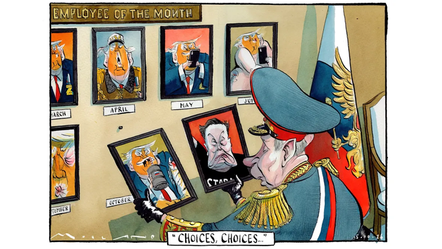 Cartoon. Putti is holding two photos, one of Trump and one of Musk. He is muttering ‘choices, choices’ while he tries to decide whop to put into the October clot. Every other one is filled with a picture of Trump