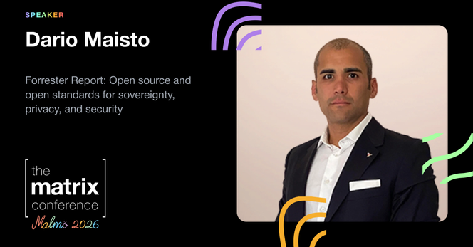A speaker card showing Dario Maisto, alongside the talk title "Forrester Report: Open source and open standards for sovereignty, privacy and security". The bottom left corner shows the logo of The Matrix Conference Malmö 2026