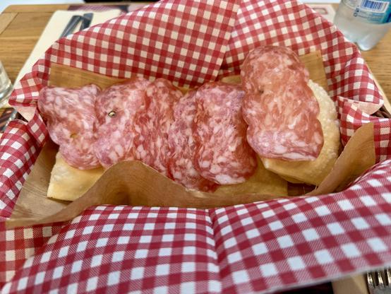 4 pieces of gnocco fritto with salame