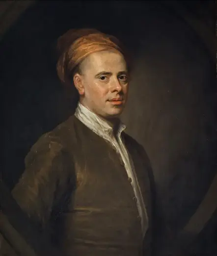 Portrait of Allan Ramsay (1684–1758), by William Aikman. Oil on canvas. Ramsay is clean-shaven, and looks out at the viewer with a half-smile. He wears a collarless dark green velvet coat, unbuttoned, and has an orange silk cloth wound about his head like an improvised turban.