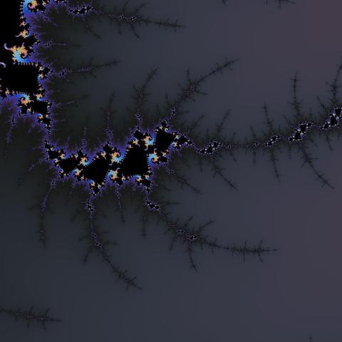A render of the mandelbrot set using randomised colours. The centre point is -1.3889921039354354 + -0.010346167060924604i and we are zoomed to 2.1228658610e+09 magnitude.