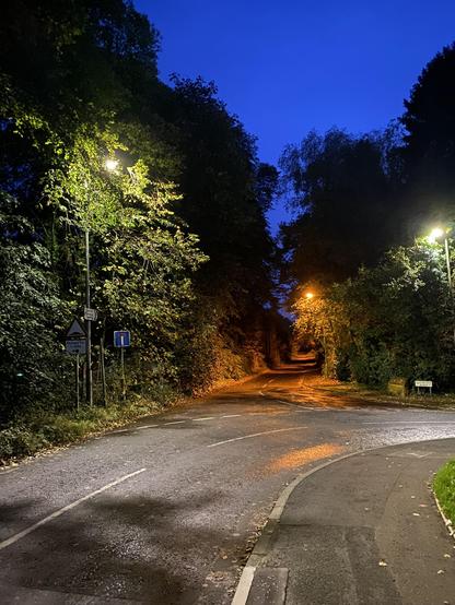 Photo of a bend in a normal tarmac road in evening, lit by white LED streetlights and surrounded by trees. Branching from the bend, and leading off into the distance, is a darker, narrower, orange-lit road. The photo has a surreal and over-saturated quality to it. The dark evening sky is very blue.