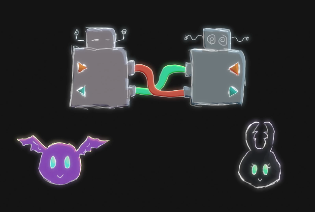 An animation of Spritely's Goblin and Mandy mascots happily communicate by sending sealed and encrypted letters to each other by sending messages between two oblivious robots