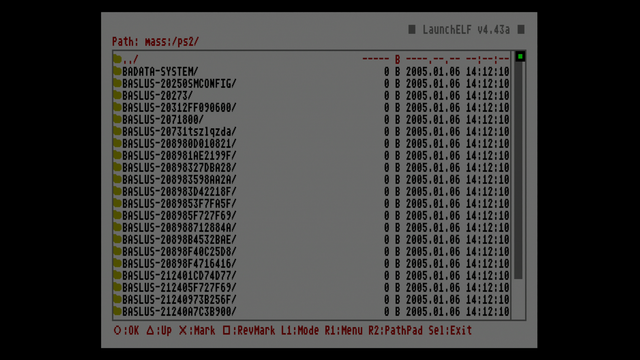 A very old-school looking file browser (LaunchELF) showing a ton of directories from 2005 or so.