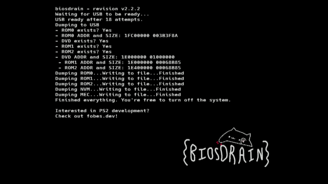 A screen from a program called "biosdrain" which dumped the ROMs for my PS2.