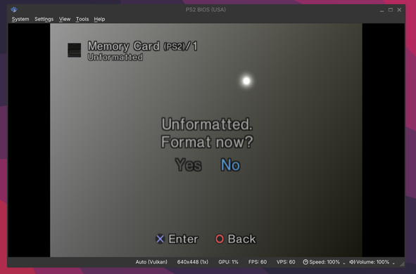 The PS2 Memory Card formatting screen, showing an unformatted memory card and a dialog that says "Format now?"