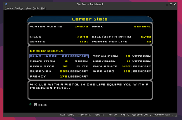 A Star Wars Battlefront II "Career Stats" page, running in an emulator. It's showing various career medals in multiplayer combat, and a rank of General.