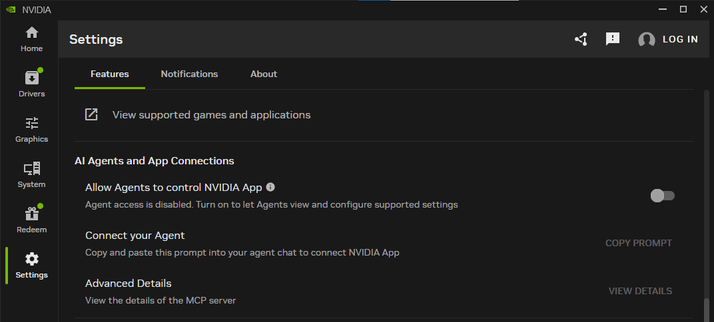 "AI Agents and App Connections

Allow Agents to control NVidia App"