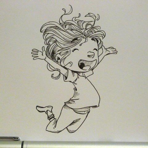 A character jumping and looking happy.