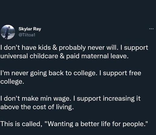 A tweet from Skylar Ray discussing personal views on social support issues such as universal childcare, paid maternal leave, free college, and minimum wage increases, advocating for a better life for people.