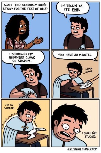 Comic told in six panels.
Girl tells guy "Wait you seriously didn't study for the test at all?"
Guy replies "I'm telling you, it's fine. I borrowed my brother's cloak of wisdom".
As the test starts the guy puts on the cloak, receiving immediately 10 extra points of wisdom.
Being extra wise, he realizes "I should have studied".