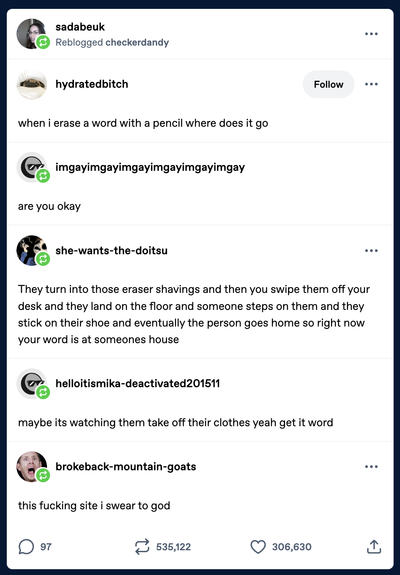 A Tumblr post exchange: 

sadabeuk
Reblogged checkerdandy
hydratedbitch:

when i erase a word with a pencil where does it go

imgayimgayimgayimgayimgayimgay

are you okay

she-wants-the-doitsu:

They turn into those eraser shavings and then you swipe them off your desk and they land on the floor and someone steps on them and they stick on their shoe and eventually the person goes home so right now your word is at someones house

helloitismika-deactivated201511:
maybe its watching them take off their clothes yeah get it word

brokeback-mountain-goats:
this fucking site i swear to god