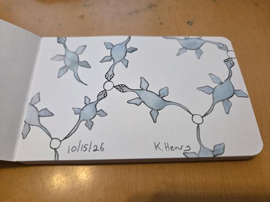 Hand drawn generative/procedural art in ink on an open page of my new sketchbook. The abstract pattern has plesiosaur motifs in a network.