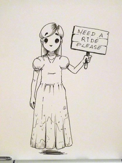A ghostly woman is holding a sign saying "need a ride please".