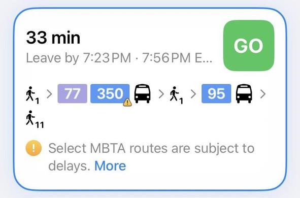 MBTA suggested route involving 3 buses and walking - all to go a little over two miles. (I’ve walked > 10K steps today, and not in the mood to add another 2 miles.)