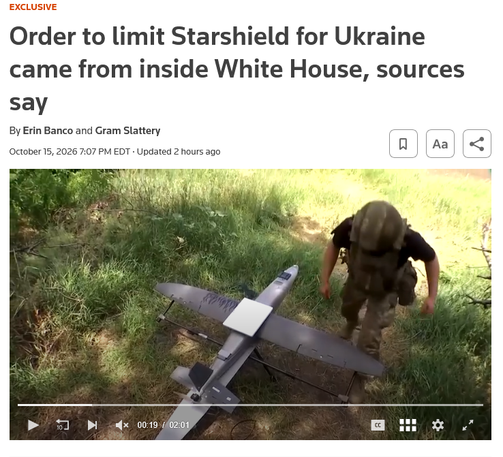 Image of the top of the article.
With image of a soldier and a drone in Ukraine with a Starshield flat plate antenna mounted on it.