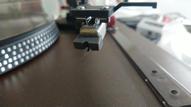 Macro shot of the cartridge and stylus after playing side 1… there's what looks to be the wisps of a small "beard" of dust hanging off the stylus.