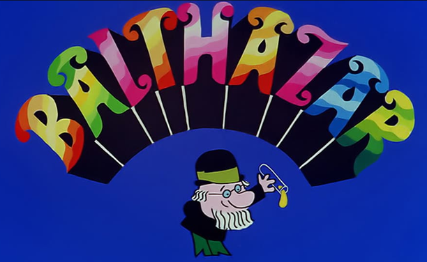 Professor Balthazar pouring a drop of something from a test-tube, with BALTHAZAR written in multicoloured lettering in a rainbow above him.