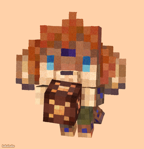 a digital painting looking like a chibi blocky 3d model of a beige-brown snow leopard and rabbit fusion sona, with orange hair, blue eyes, and olive green shorts, holding a lit up redstone lamp block. the character has a few purple spots on head, arms, legs and tail