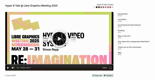 A video of a talk being played back on a Hyper 8 site. The cursor hovers over the timeline, which is segmented into chapter bars and gaps. The mouse hovers over some of the segments and they enlarge on hover. A timecode and chapter title is shown while the cursor hovers the timeline.