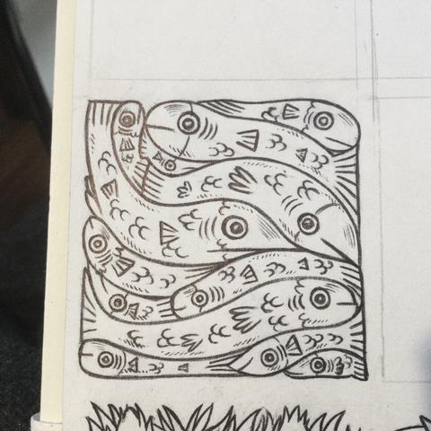 An ink drawing of fish all fitted tightly next to one another, filling all gaps