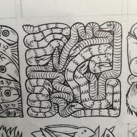 An ink drawing showing a bunch of snakes fitted tightly one against the other,  into a square shape
